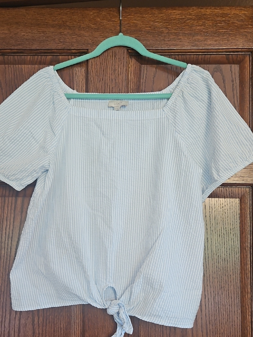 LOFT Light Blue Pinstripe Tie-Front Top